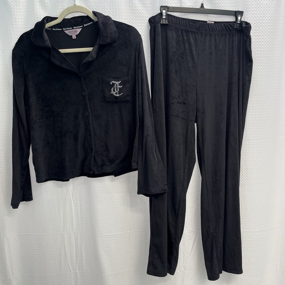 Juicy Couture Black Velour Button Front 2 Pc Pajama Set Large Embellished